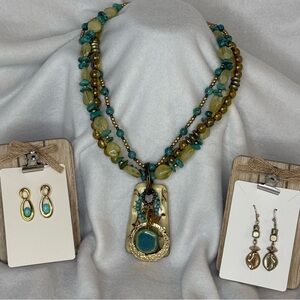 Vintage Chunky Statement Multi Strand Beaded Necklace and Earrings